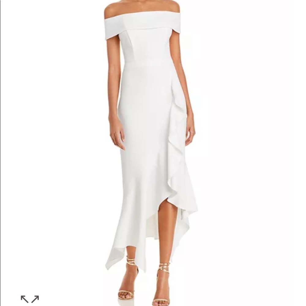 AQUA Scuba Crepe Off-the-Shoulder Midi Dress